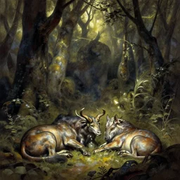 eternal friendship and rest of the animals of the forest by Frank Frazetta, dynamic lighting, cinematic, establishing shot, extremely high detail, shining, intricate line drawings, 8k resolution