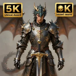 portait of a dragon male knight holding sword, digital art, digital painting, masterpiece, elegant, hyper realistic, award winning, 8 k, behance, artstation, unreal engine 5, octane render, masterpiece, sharp focus, intricate, ornate