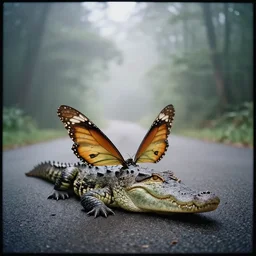 a lomography photo of crocodile with butterfly wings on foggy forest road this morning, bokeh,
