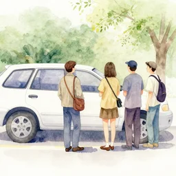 a watercolor painting of some people next to a car