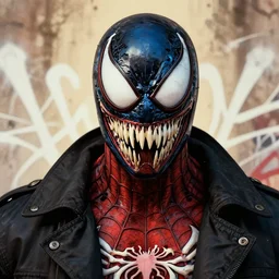 highly detailed closeup portrait of a cyborg venom in spiderman suit with skeleton skull face,, black parka by atey ghailan, by greg rutkowski, by greg tocchini, by james gilleard, by joe fenton, by kaethe butcher, gradient, red, blue, black, brown and cream color scheme, grunge aesthetic!!! white graffiti tag wall background
