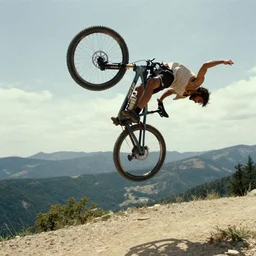 a film still of jesus christ doing a backflip on a mountainbike