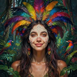 a reality bending psychedelic ayahuasca experience, colorful, distorted, surreal, tropical bird feathers, smiling girl of jungle, au naturel, dramatic lighting on the face, intricate lace, highly detailed, digital painting, concept art, smooth, sharp focus, illustration, art by krenz cushart and wayne barlowe and alphonse mucha