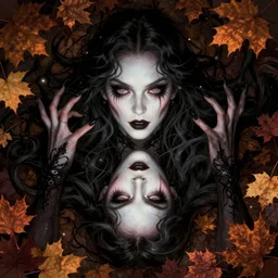 beautiful stella maeve magician, black magic spells, in the style of joshua middleton, rafeal albuquerque comicbook cover art, phil noto, creepy pose, spooky, symmetrical face and body, volumetric lighting, cinematic lighting, detailed realistic symmetrical eyes, insanely detailed and intricate elegant, autumn leaves, artgerm
