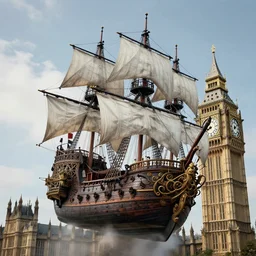 photography of a highly detailed ghost pirate ship flying in the sky. big ben, london background. intricate, hyper realism, professional digital art, unreal engine 5, 8 k render, sharp focus, trending on art station.