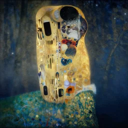 a dark foggy golden blue forest, Tarkovsky style, eerie, pulsating , Ernst Haeckel, Klimt, Henri Rousseau
