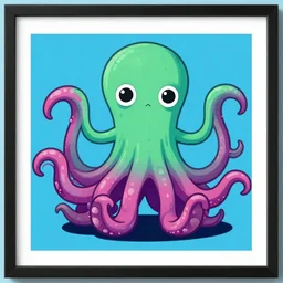 an in frame illustration of a cute cthulhu monster by jack kirby moving it's tentacles against a blue background, digital art
