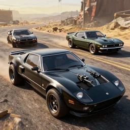 3 5 mm low angle photo mad max combat military black 1 9 7 3 ford falcon gt hot rod on a deserted post apocalyptic road, hood mounted machine guns, gta 5, rocket league, hyper detailed, rocket league, smooth, high contrast, volumetric lighting, octane, george miller, vibrant rich deep color, comic book
