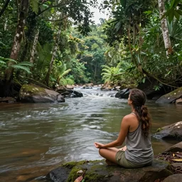a meditation near a river in the amazon jungle, gazing at the water, highly detailed, art by christophe vacher
