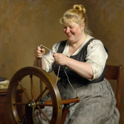 A 50 year old blonde woman with hair in a bun, slightly chubby, who looks like Barbara Streisand, is spinning yarn on a spinning wheel, smiling, happy, content, by john singer sargent