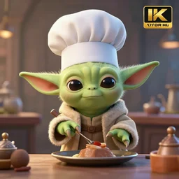 cute young yoda teaching cooking lessons, wearing chef's hat, high quality still from star wars movie, 8 k