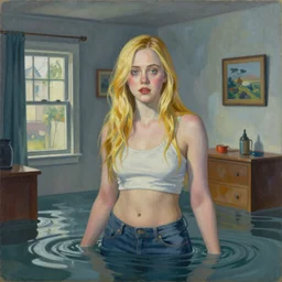 painting of Elle Fanning in a flooded house interior, precisionism style