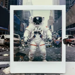 very realistic photographs of american white spacesuit chubby astronaut in postapocalyptic abandoned destroyed giant flood times square, wrecked buildings, destroyed flipped wrecked cars, underwater polaroid photo, vintage, neutral colors, underwater, by shawn heinrichs and gregory crewdson