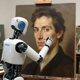 robot painting a self - portrait on a canvas. intricate, highly detailed, photorealistic, film still, by carl spitzweg.