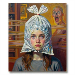 girl with trash bag on head, blurred, high resolution, gouache on canvas, ultra detailed, vibrant colors, grotesque, wrapped thermal background, art by francis bacon, beksinski painting