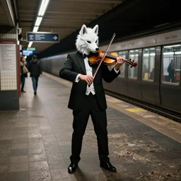 a man in a tux wearing a white wolf mask playing the violin at a dirty metro station, unnerving, 4k photography, highly detailed, long shot.