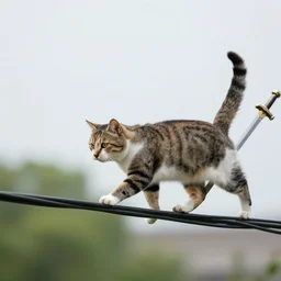 a cat walking on an electrical line holding a sword