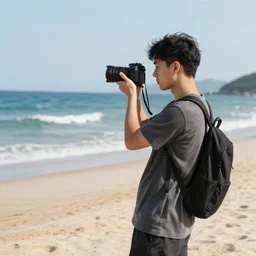 male influencer taking pictures in the beach