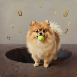 Pomeranian dog with tiny tennis ball in his mouth, standing at the edge of a giant void, numbers flying all around him, oil painting