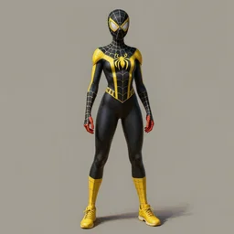 full body character turnaround of a woman in an orb weaver spider costume with a superhero mask standing in a relaxed pose, running shoes, character sheet, matte painting, spiderwoman!!, john singer sargent, good value control, highly detailed portrait, digital painting, concept art, realistic proportions, realistically proportioned body, illustration, black and yellow color scheme