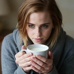 photo of a cold emma watson holding a cup of warm milk, cozy