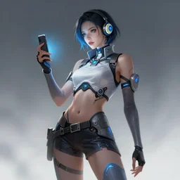 a woman in a futuristic outfit holding a cell phone, concept art by muqi, artstation contest winner, fantasy art, artstation hd, official art, commission for