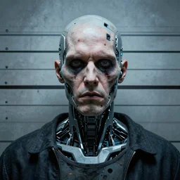 mugshot photo of an ugly criminal, cyborg, (((high tech, cyberpunk))), by cy Twombly and BASTIEN LECOUFFE DEHARME, ((very coherent symmetrical artwork, cinematic, hyper realism, high detail, octane render, unreal engine, 8k))
