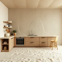 kitchen made of sand, octane render, trending on artstation, very rough sand on wall, flooring made of hard sand