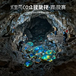 photograph of workers mining for black opal in a large cavern, ethereal, shining rocks, award winning