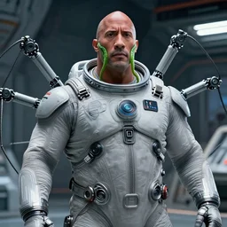 cinematic portrait of fat cyborg dwayne johnson in futuristic light grey spacesuit, green tentacles on face, has multiple thin robotic manipulators arms, space station at background, high detail, 8 k, sharp focus, movie still, dramatic lighting, ray tracing, smooth, lane brown, finnstark, oleg bulakh, diego fazio, mike dargas, emanuele dascanio,