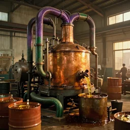 oily apparatus for making snake oil, huge copper machine with purple and green snakelike pipework, barrels of snake oil in a disorganized factory in taiwan in 1 9 9 2 production line, golden hour lighting, film still from the uncle aloysius family medicine depot movie 3 d, 8 k, cinematic lighting