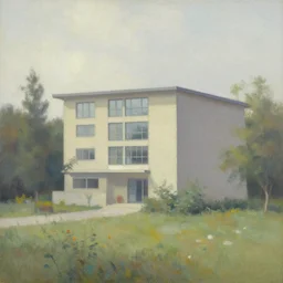 a beautiful painting of a building in a serene landscape by  Stanley Lau