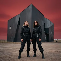 photograph of 2 women wearing black techwear in front of a brutalist sharp - edged metal building, on a desolate plain, red eerie sky, sigma 8 5 mm f / 1. 4, 4 k, depth of field, high resolution, highly detailed, 4 k, 8 k, hd, full color