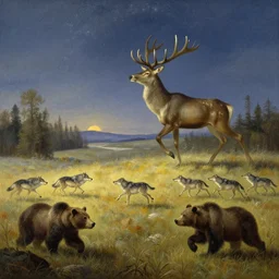 great landscape primordial nature beasts far away running stars giant deer pack of wolves bears wilderness animals fields woodlands bears illustration sharp focus sunlit vista starlight painted ruan jia raymond swanland lawrence alma tadema zdzislaw beksinski norman rockwell tom lovell alex malveda greg staples