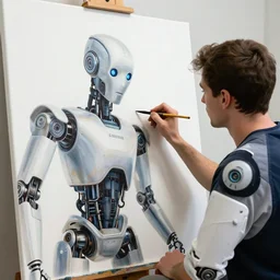 robot painting a robot on canvas, intricate, highly detailed, photorealistic, film still, by vdragan bibin.