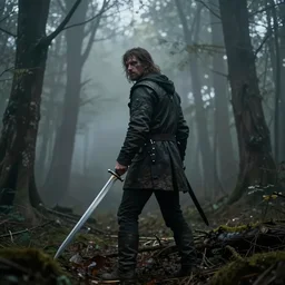 a man standing with a sword looking around in the style of zombie apocalypse the background the view of a foggy forest by greg rutkowski