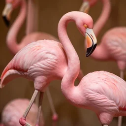 a marble statue of a flamingo painted in a rose pink shade, close-ups, varying angles, warm lighting,