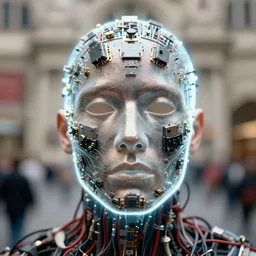 realistic photo of a a blurred pose of a faceless human face covered in wires and microchips, x - ray emitting aura 1 9 6 0, life magazine photo, natural colors, metropolitan museum, kodak, 8 k, very detailed, high resolution, product photo,