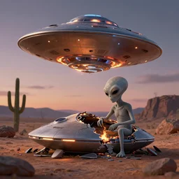 crashed burning UFO flying saucer with a sad Roswell grey alien trying to repair his crashed burning spacecraft in the desert, crashed UFO, crashed Flying Saucer, cactus and rocks in the background, dusk, featured on zbrush central, hurufiyya, zbrush, polycount, airbrush art