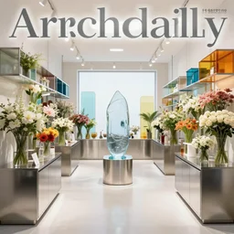 flower retail store, stainless steel and color glass, trending on frame magazine, trending on archidaily, bright light enviroment, contemporary art and sculpture of water on the middle, trending on artstation, octane rendering, like art gallery