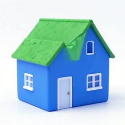 blue house, white floor, green roof, in alsace background
