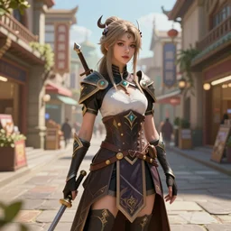 procedurally generated, epic mage girl character posing for art photography, costume design from shopping mall, ancient city streets behind her, substance designer, PBR, HD, Ultra detailed, hyperrealistic, megascans, volumetric light, concept by master artist, made in paint tool SAI2, refined face
