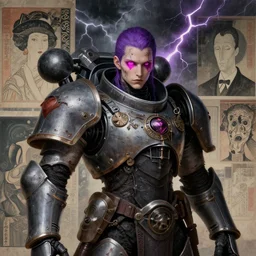 portrait of gothic and futuristic young mainem, warhammer, cyber armor, a lot of scars, thunderstorm, purple head, heart pink place of eyes, the middle ages, highly detailed, artstation, in the style of moebius, jugendstil and classic japanese print, art by rene magritte, jean delville