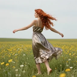 a woman seen from behind from far away with copper hair and a flowing metallic sundress dancing in a field of wildflowers, fine details by realistic shaded lighting poster by ilya kuvshinov katsuhiro otomo, magali villeneuve, artgerm, jeremy lipkin and michael garmash and rob rey, art nouveau, alphonse mucha, william - adolphe bouguereau, golden hour