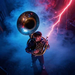 dwight schrute playing the tuba, dramatic scene, volumetric blue fog, red lightning, ultra wide angle, movie still, photorealistic, stranger things, netflix, upside - down, colorful lighting, grainy, aerial shot, shot from above, movie still