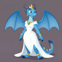 n the style of don bluth : an anthropomorphic female blue dragon, wearing jewlery, wearing a nice white dress, head torso legs feet, artstation