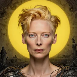Woman masterpiece, Tilda Swinton, beautiful eyes, yellow, golden halo behind her head, wires everywhere, by Edgar Maxence and Ross Tran, Zdzisław Beksiński, and Michael Whelan, distant, gustav dore, H.R. Giger, 8k, octane render