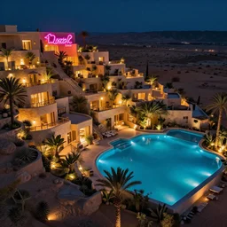 terraced architecture hotel in the dessert, many plants and infinite pool, night view, cinematic, cyberfunk neon sign