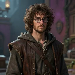 poor squire with curly hair and round glasses wearing rags, fantasy, digital painting, dramatic lighting, vibrant setting, realistic shading, unreal engine 5, concept art, ultra detailed, trending artstation
