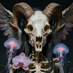 hyperrealism, night background, super zoom, goddess close - up portrait real human skeleton ram skull!!!! jellyfish!! phoenix crow wings! giant orchid!! artwork by tooth wu and wlop. octane render, trending on artstation, greg rutkowski cinematic, hyper realism, high detail, octane render, 8 k